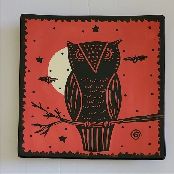 Halloween Full Moon Owl Bats Ceramic Plate Sharon Bloom Spooky hand painted - Picture 1 of 3
